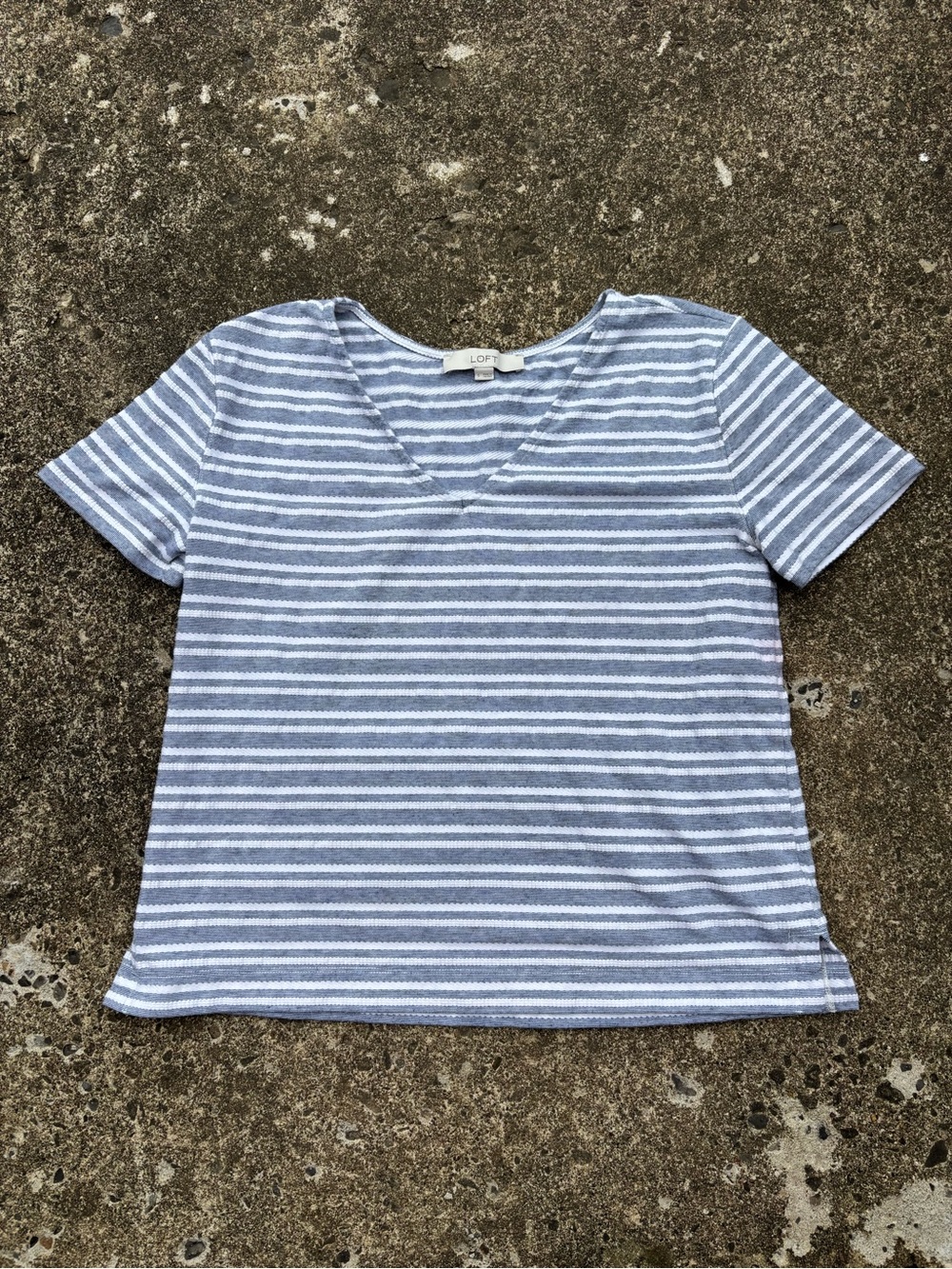 LOFT Blue & White Striped V-Neck Short Sleeve Tee